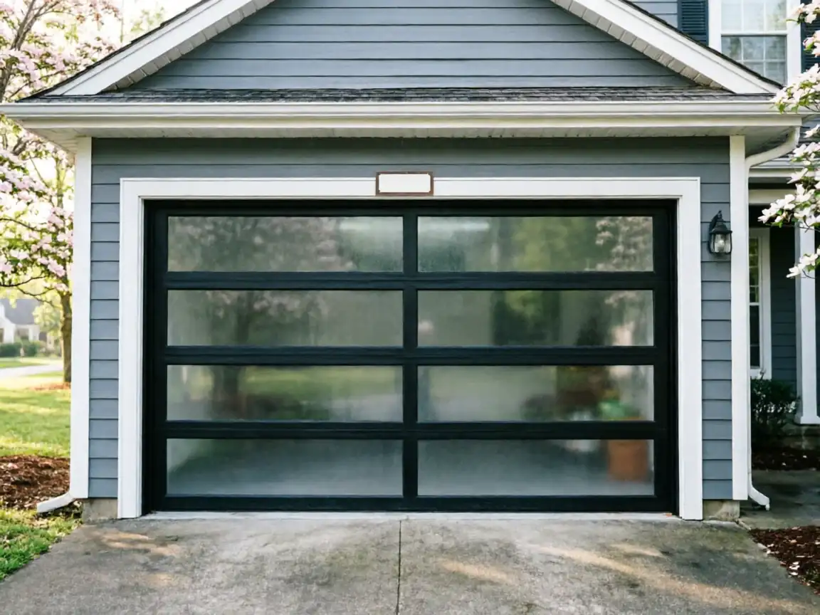 The garage door is black with frosted glass panels on a gray house.