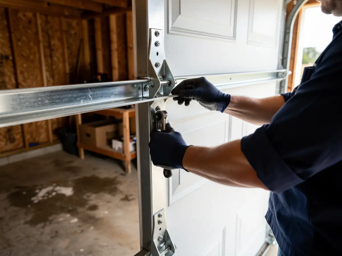 A technician in blue gloves works on a white garage door track.
