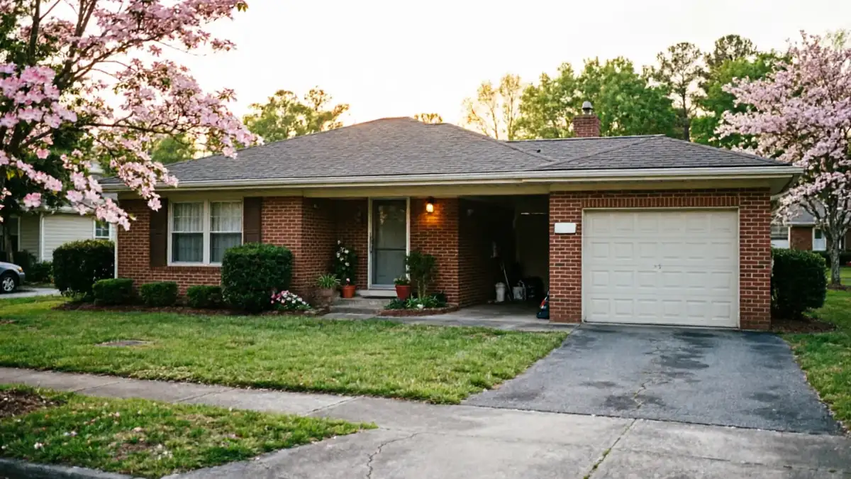 The house has a white garage door, brick exterior, and a green lawn.