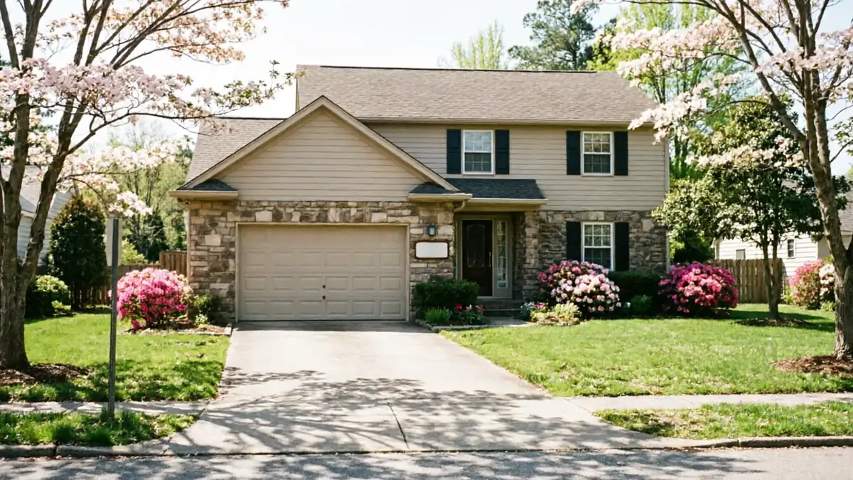 The house has a beige garage door, stone and siding exterior, and blooming trees.