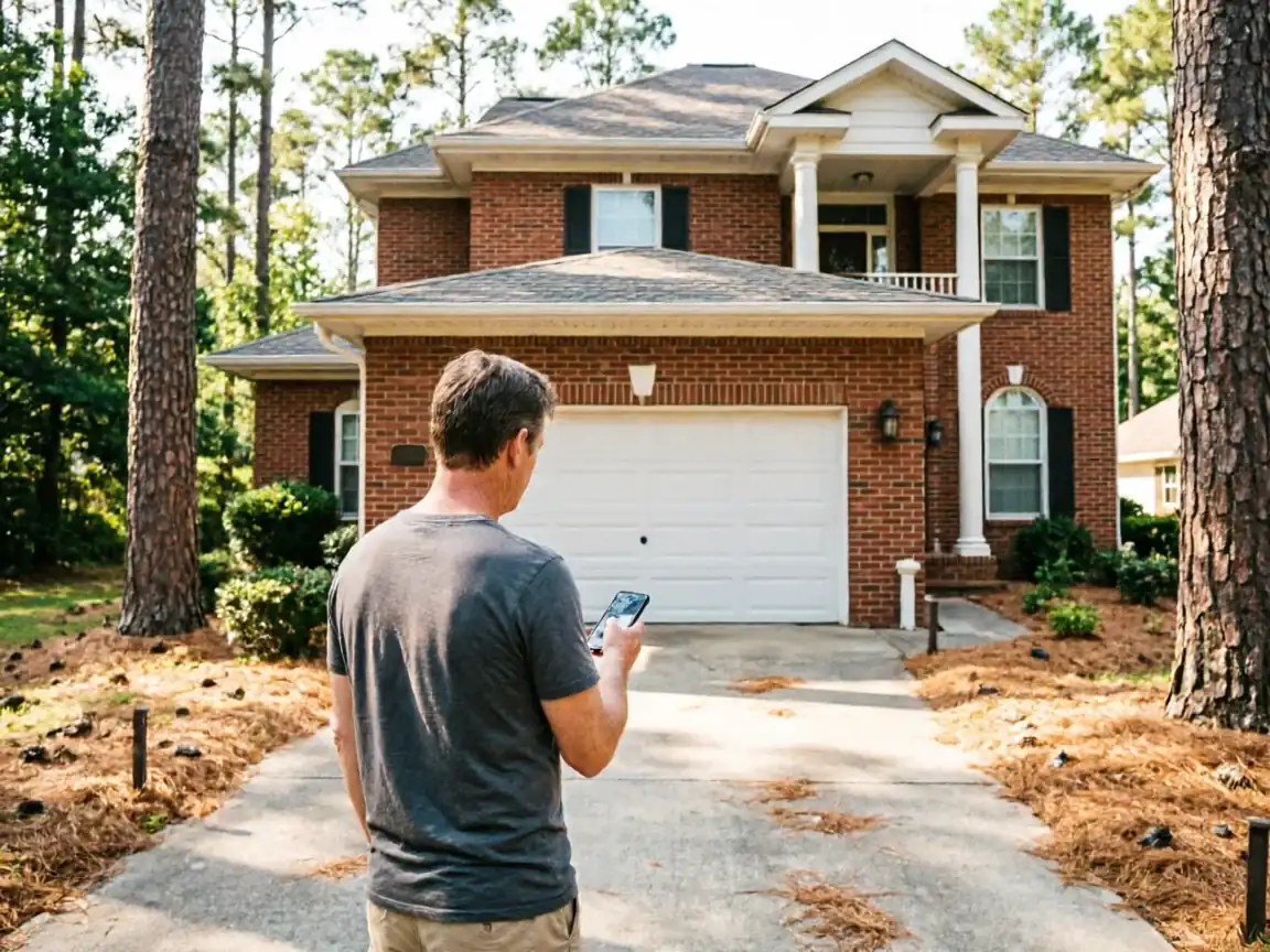 A man stands in a driveway, looking at his phone and a white garage door.