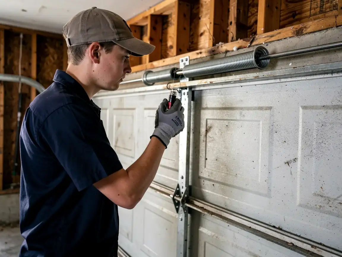A technician in a cap and gloves works on a garage door torsion spring.