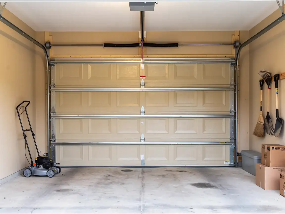 A beige garage door is closed inside a garage with a lawnmower and tools.