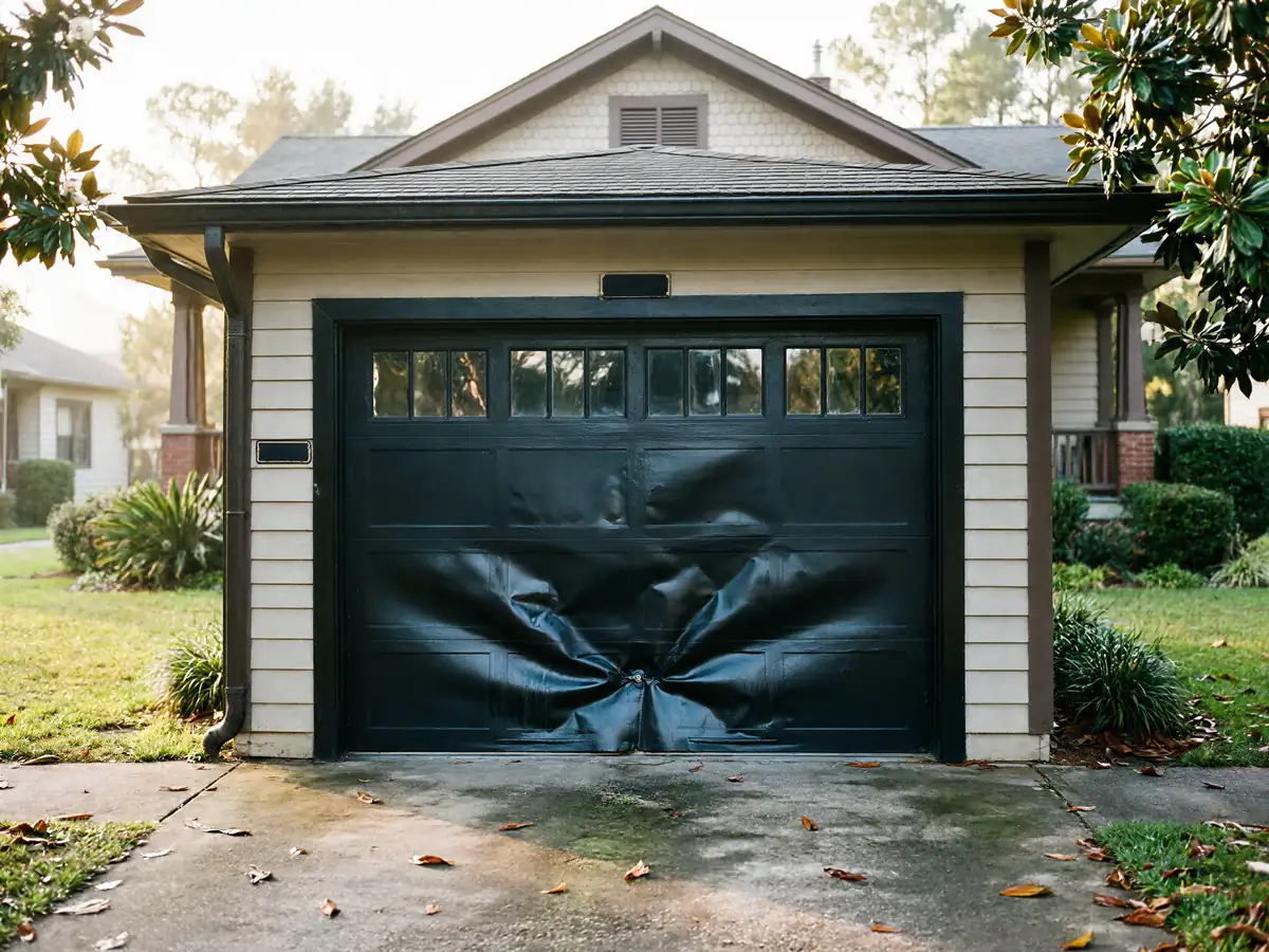 A black garage door with a large dent in the bottom half.